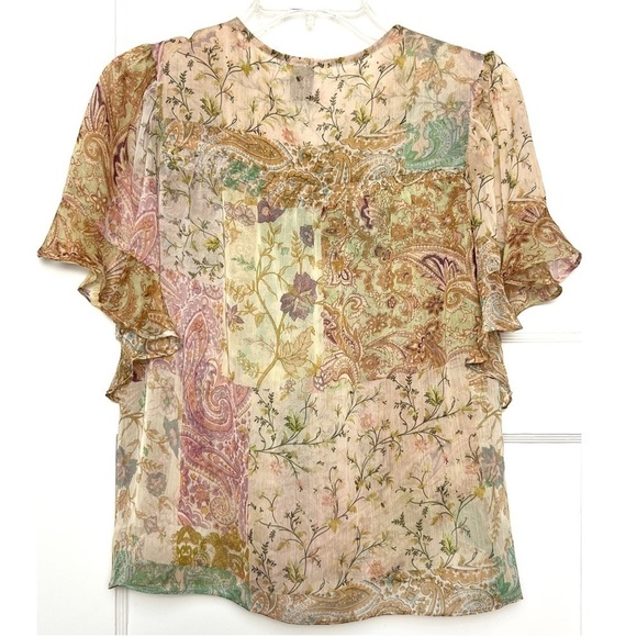MISA Chiffon Floral Paisley Patchwork Flutter Short Sleeve Button Front Top XS - Picture 8 of 11